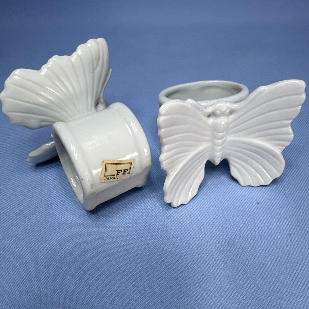 Vintage Ceramic Fitz and Floyd Napkin Rings White Butterfly Set of 2 Japan